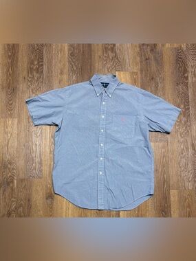 Ralph Lauren Light Blue Short-Sleeve Button-Down Shirt with Pink Logo